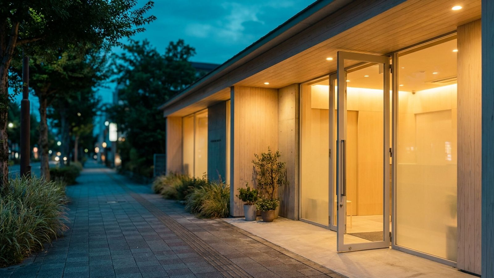 A warmly lit clinic entrance with glass doors on a quiet sidewalk in the evening