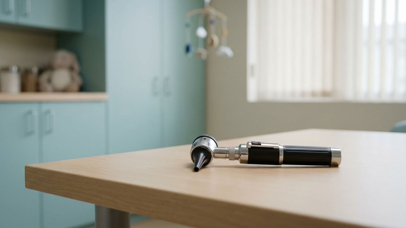 Otoscope on an exam table in a bright clinic room