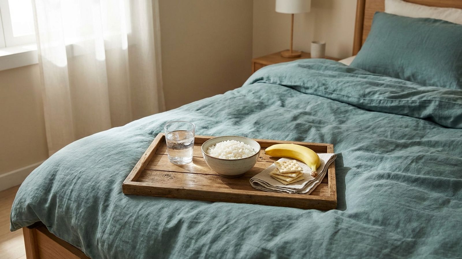 A tray with water, plain rice, a banana and crackers on a bed with teal linens