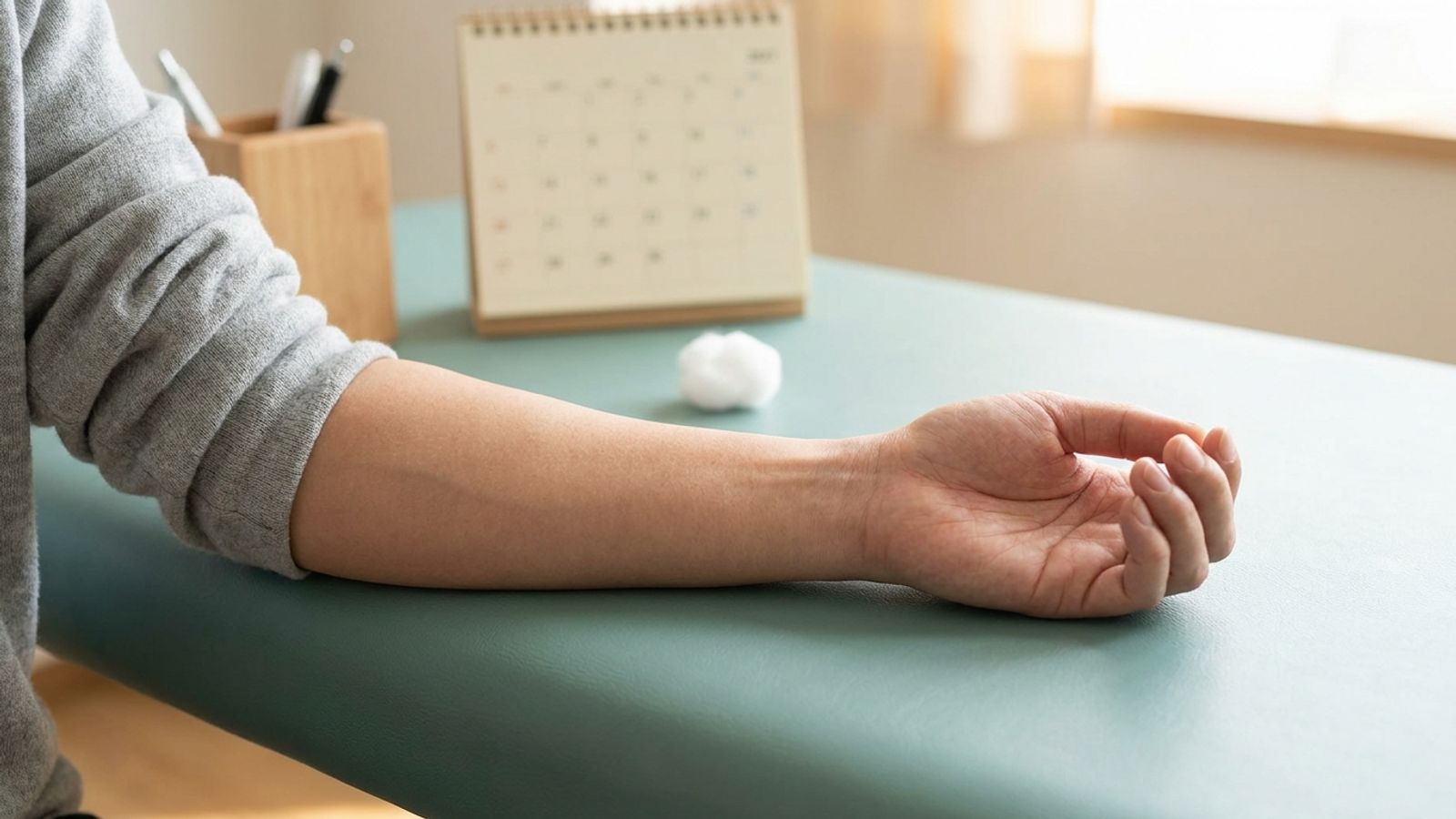 A person's forearm resting on a teal exam table beside a cotton ball, with a desk calendar in the background