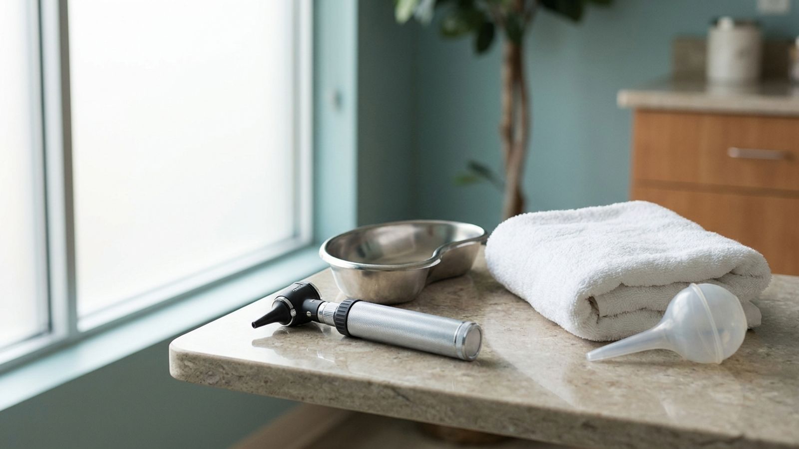 An otoscope, a small metal basin, a folded towel and a bulb syringe on a clinic counter by a window