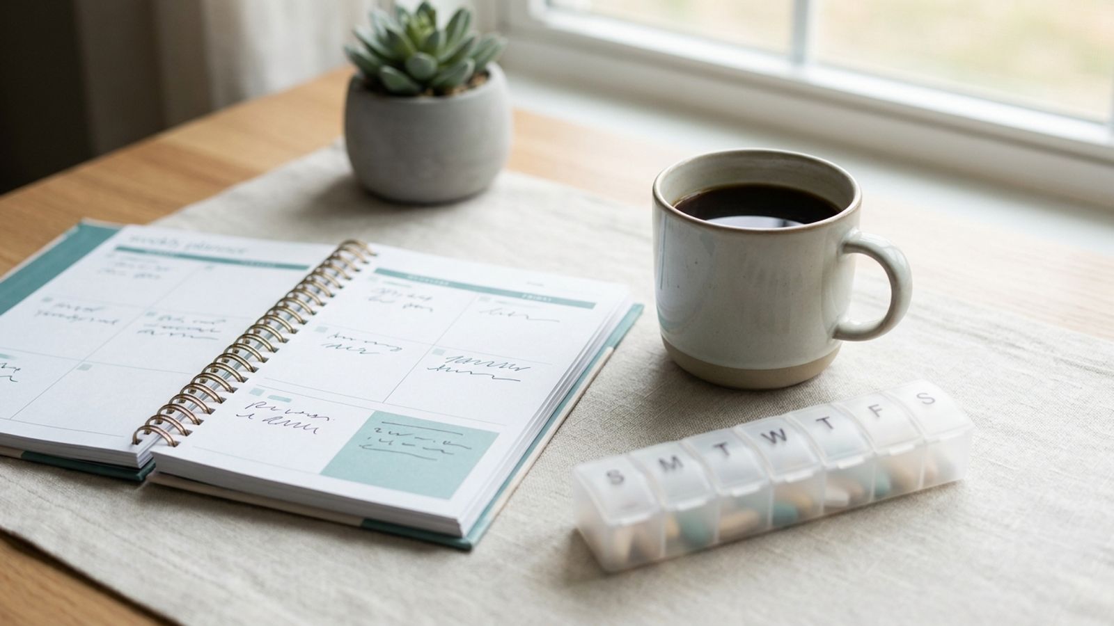 Planner, coffee and a pill organizer on a desk