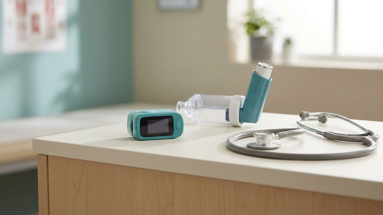 A pulse oximeter, an inhaler with a spacer and a stethoscope on a clinic counter