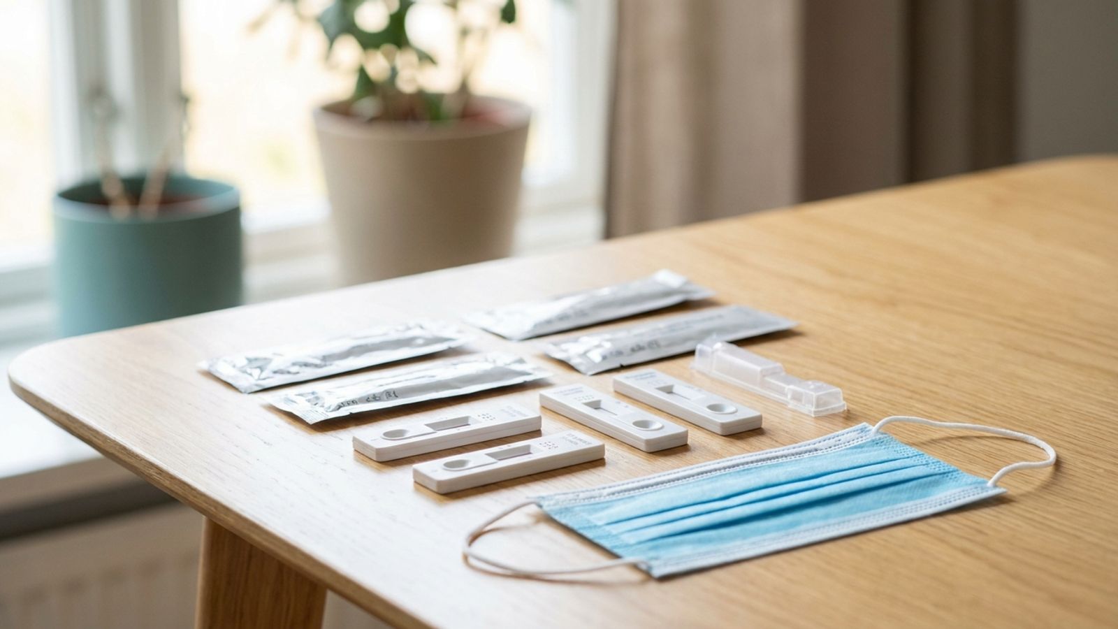 Rapid test kits and a surgical mask on a table