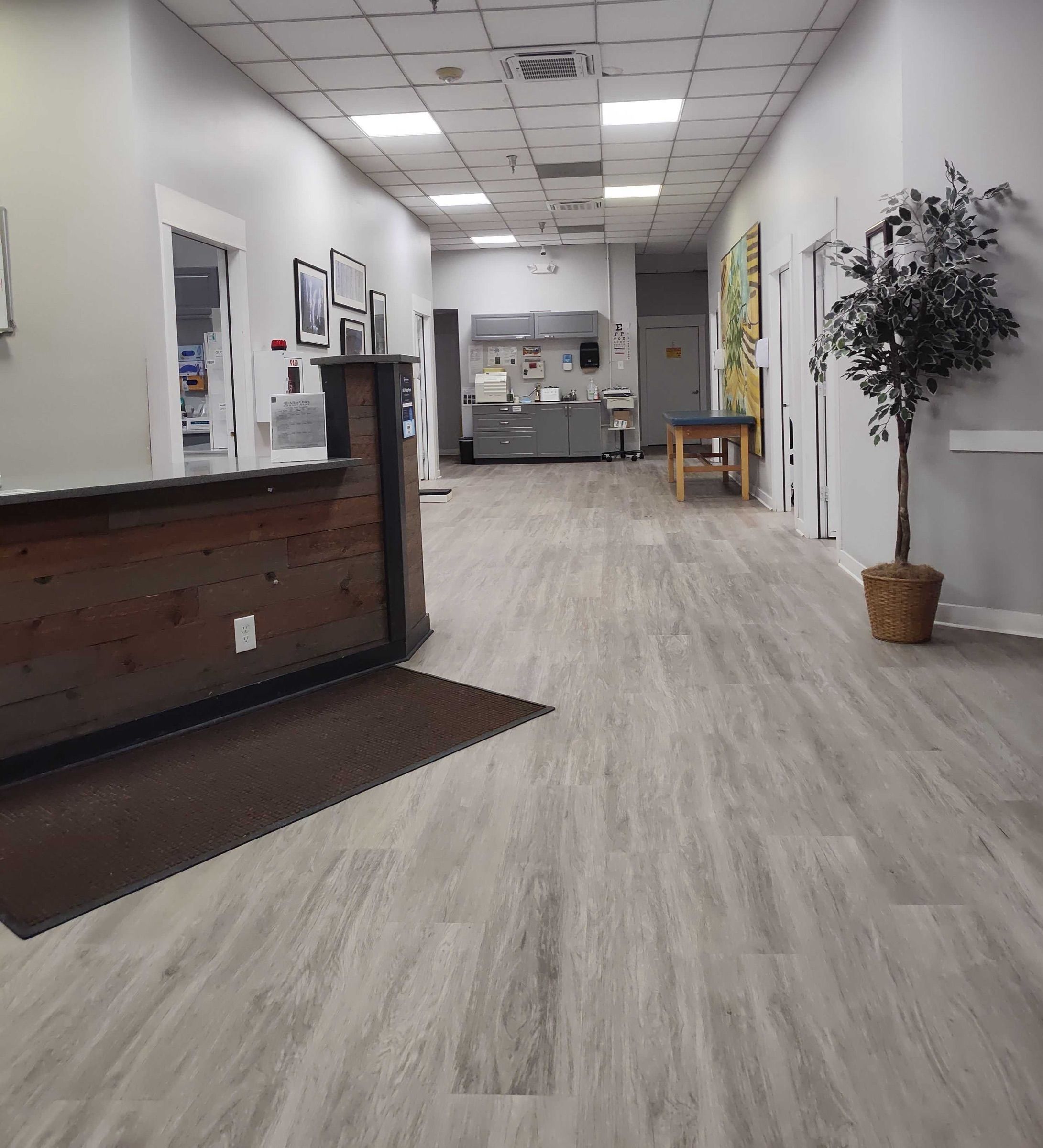 Front desk and a long, open corridor