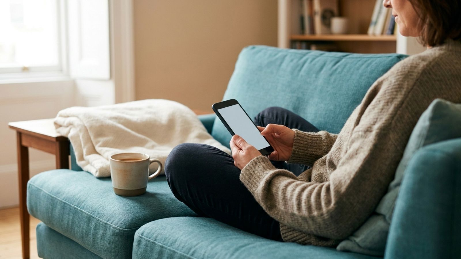 A woman on a teal sofa holding a smartphone, with a cup of tea and a folded blanket beside her