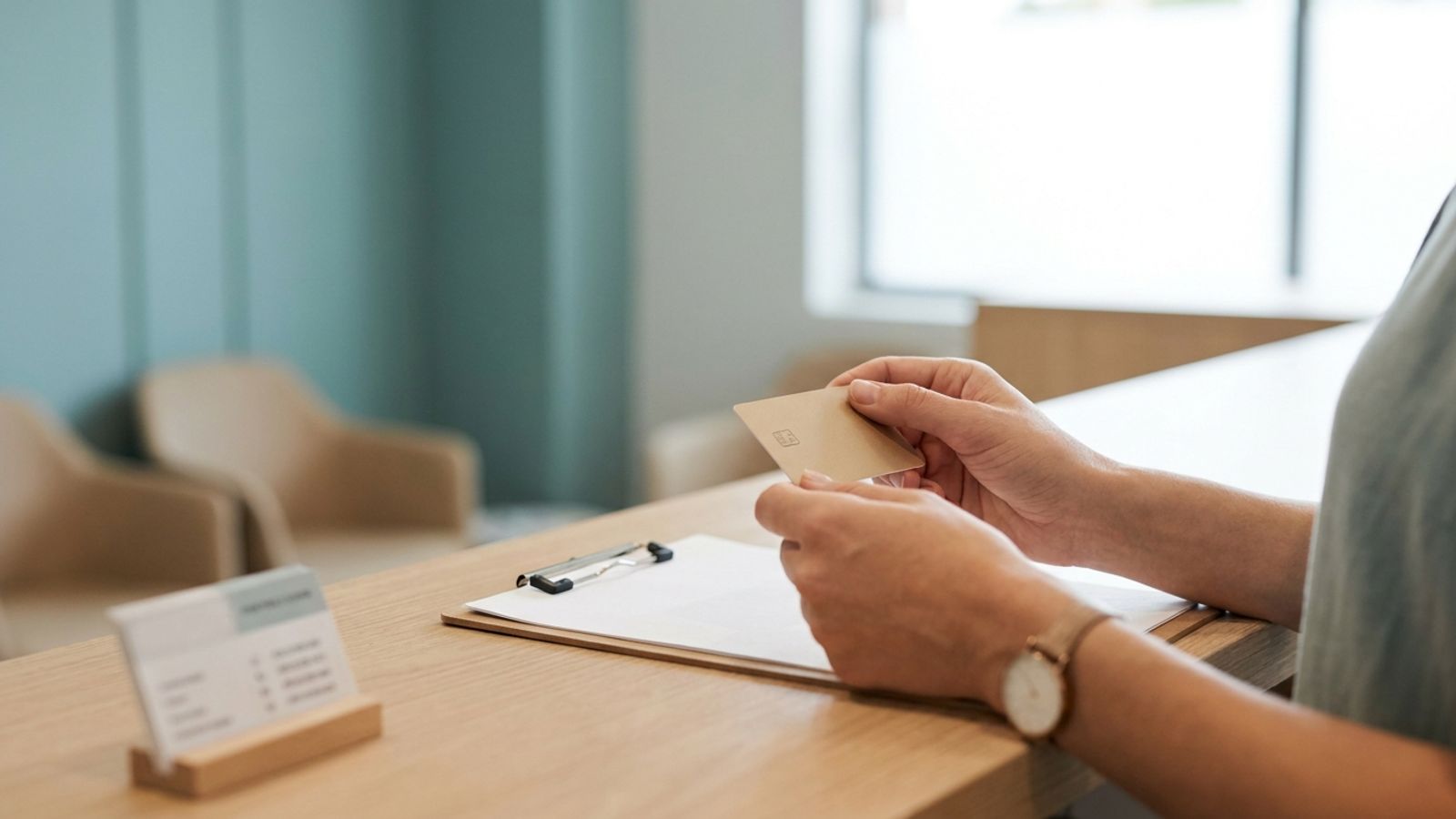 Patient holding a payment card at a clinic front desk beside a clipboard
