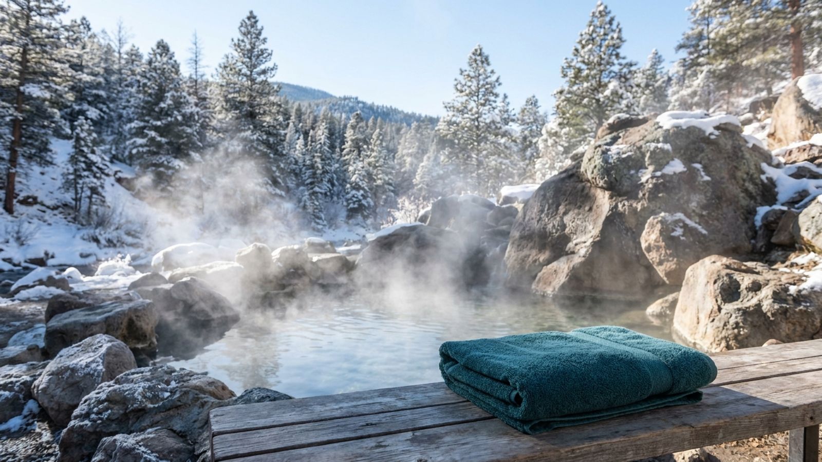 A steaming natural hot spring among snowy pines and rocks, with a folded teal towel on a bench