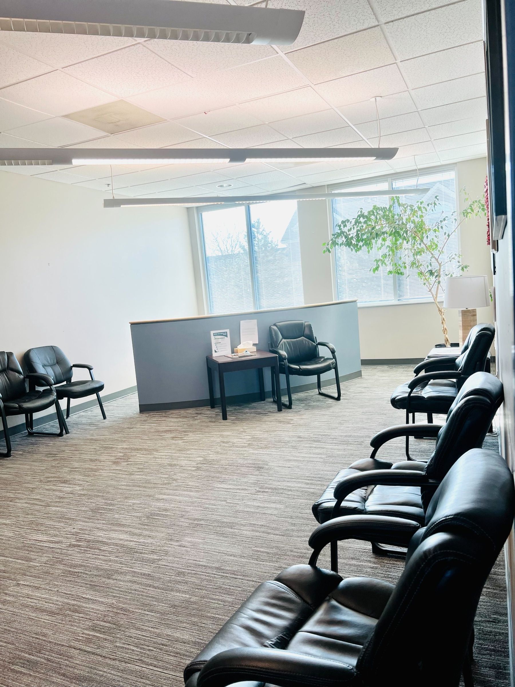Waiting room with leather chairs and a large window