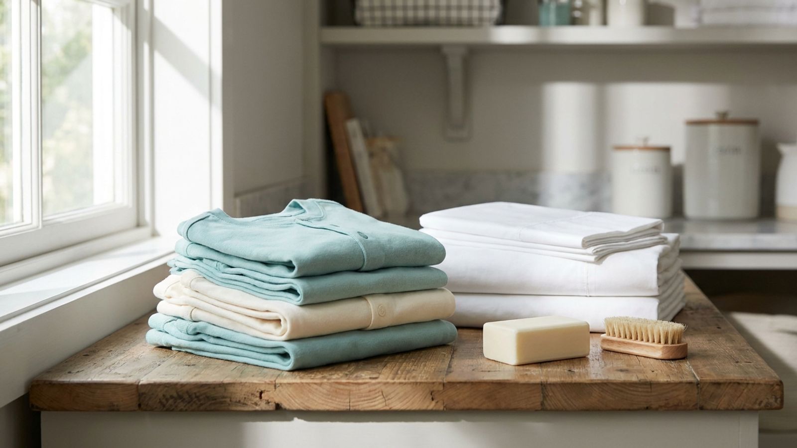 Folded children's pajamas, fresh sheets, a bar of soap and a nail brush on a laundry counter