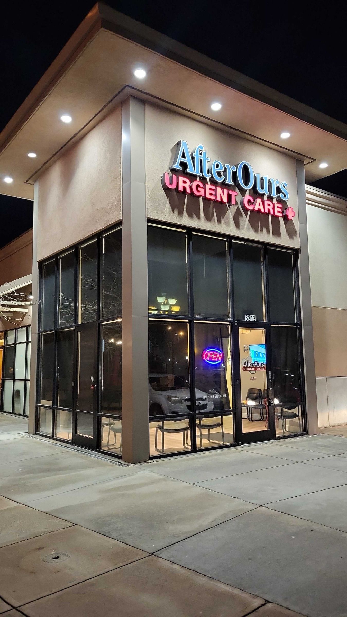AfterOurs Thornton entrance lit up at night