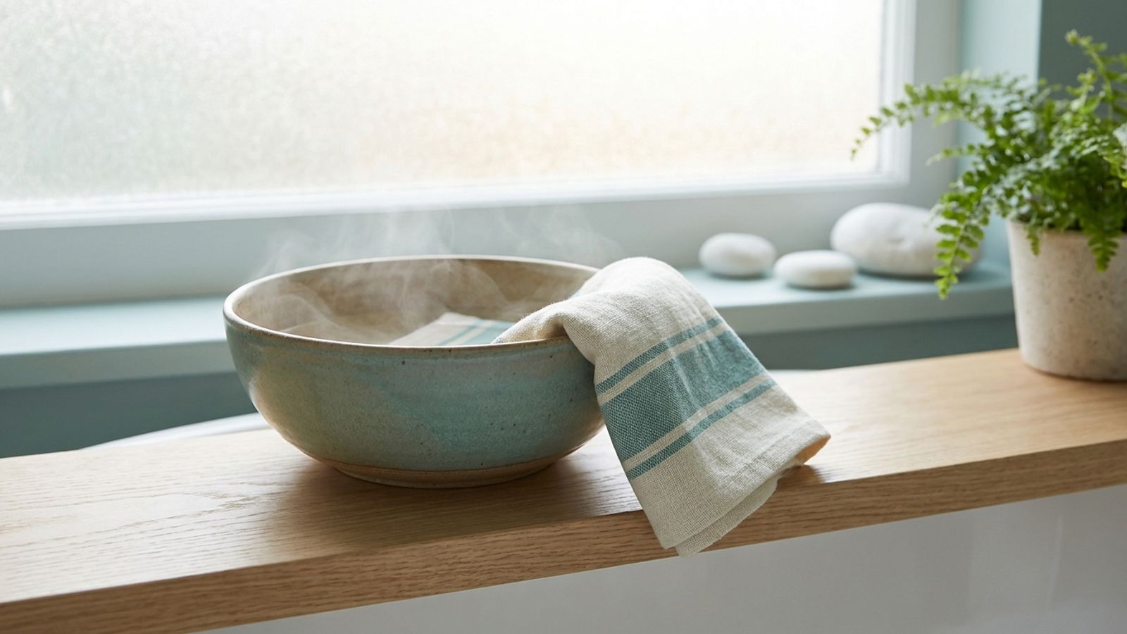 A ceramic bowl of steaming warm water with a striped washcloth draped over its edge, ready for a warm compress