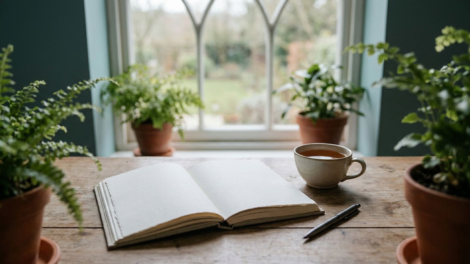 Open journal, pen and tea on a table by a window with plants