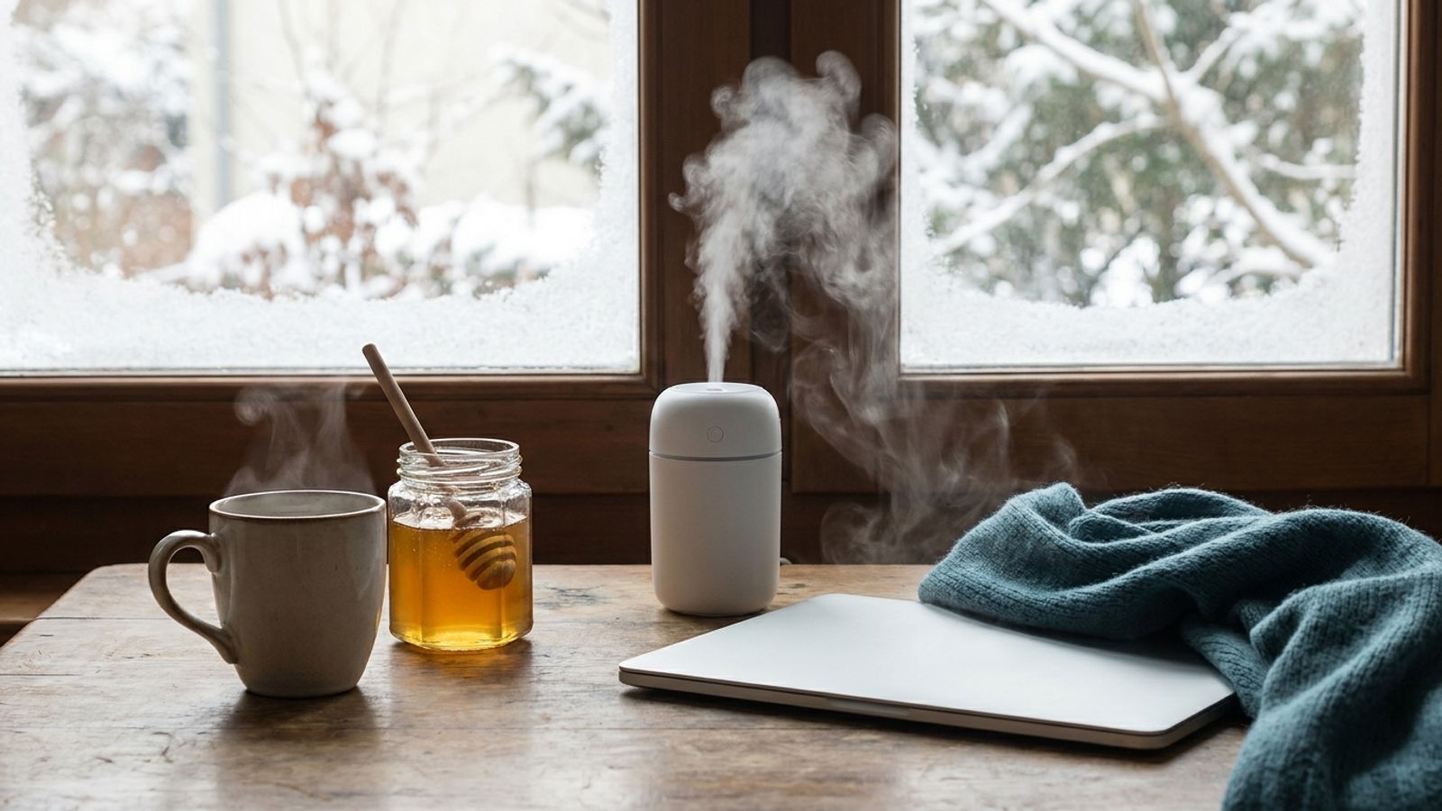 Tea, a jar of honey and a misting humidifier on a desk by a snowy window, with a teal scarf