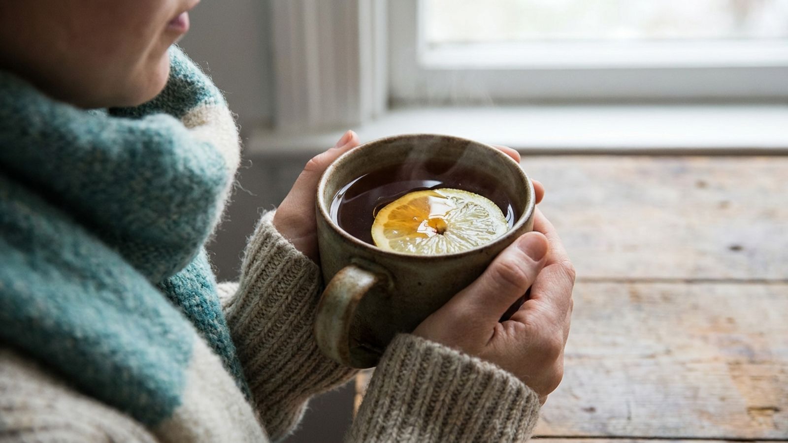 Persona con bufanda sosteniendo una taza de té caliente con una rodaja de limón junto a una ventana
