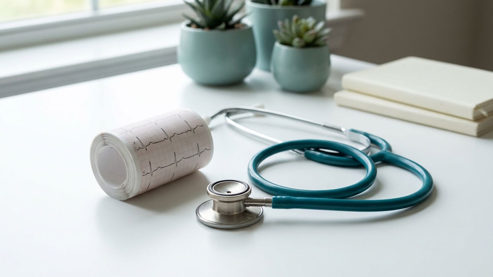 Stethoscope and an ECG printout on a clinic desk