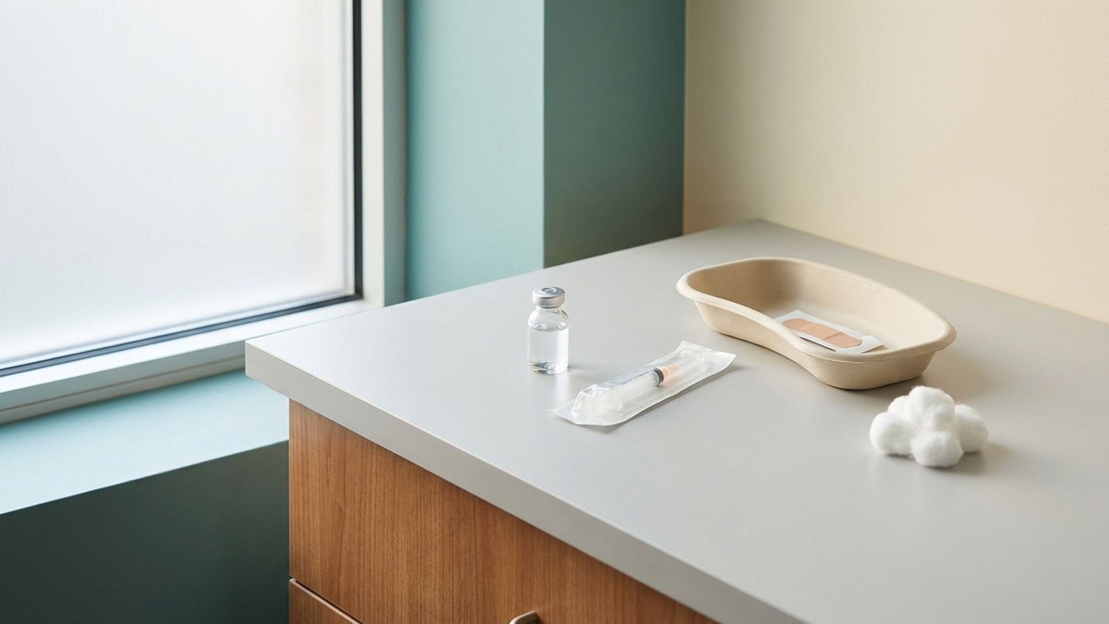A vaccine vial, a sealed syringe, a bandage and cotton balls on a clinic counter