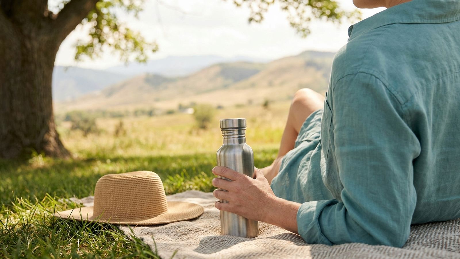 Person resting in the shade of a tree holding a metal water bottle, with a sun hat beside them and foothills behind
