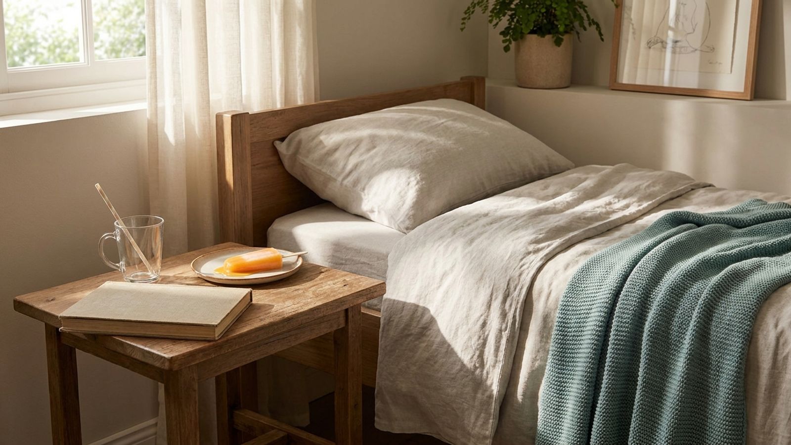 A child's bedside table with a cup of water, an ice pop and a book, beside a bed with a teal blanket