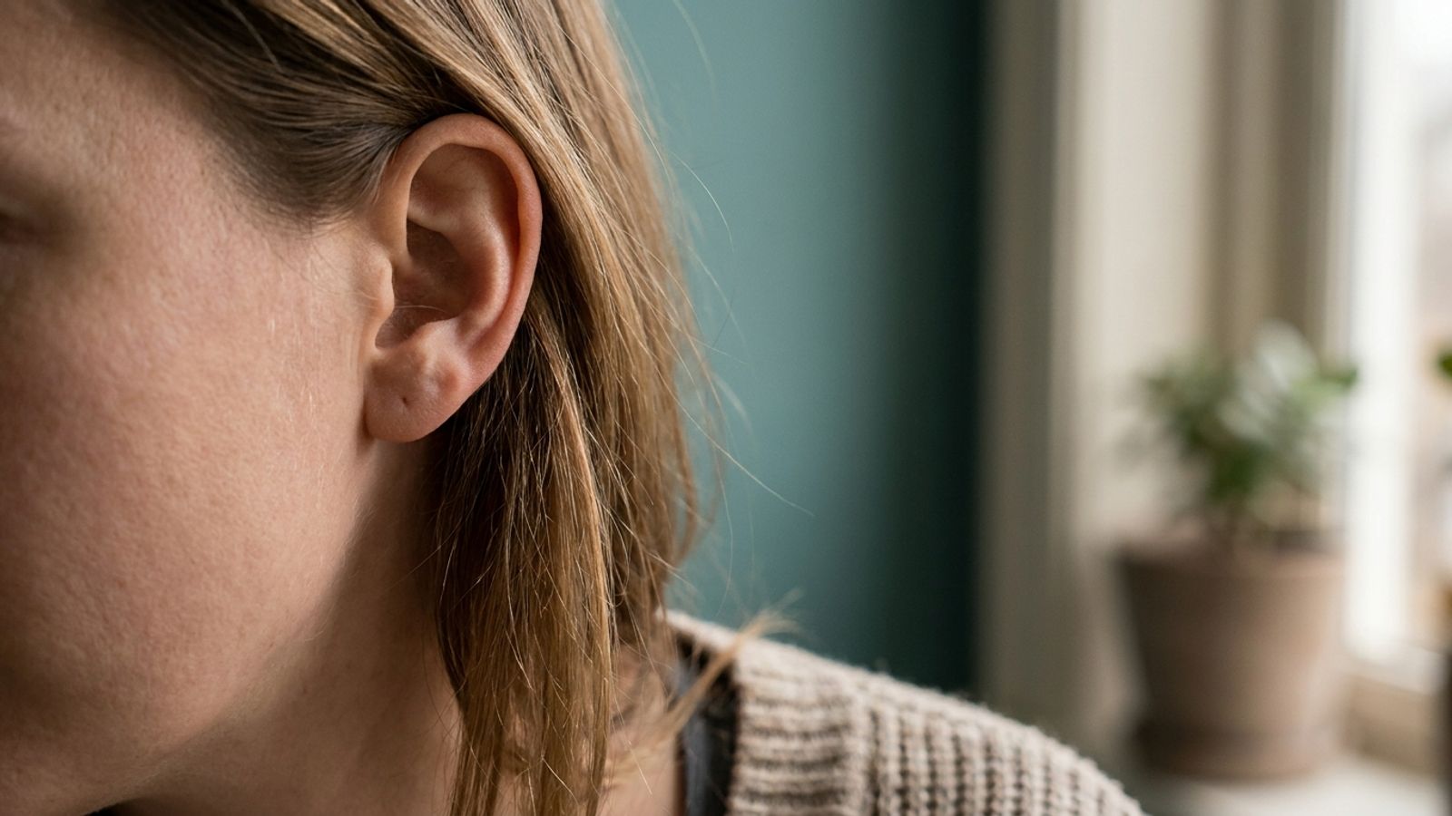 Close side view of a person's ear in soft window light