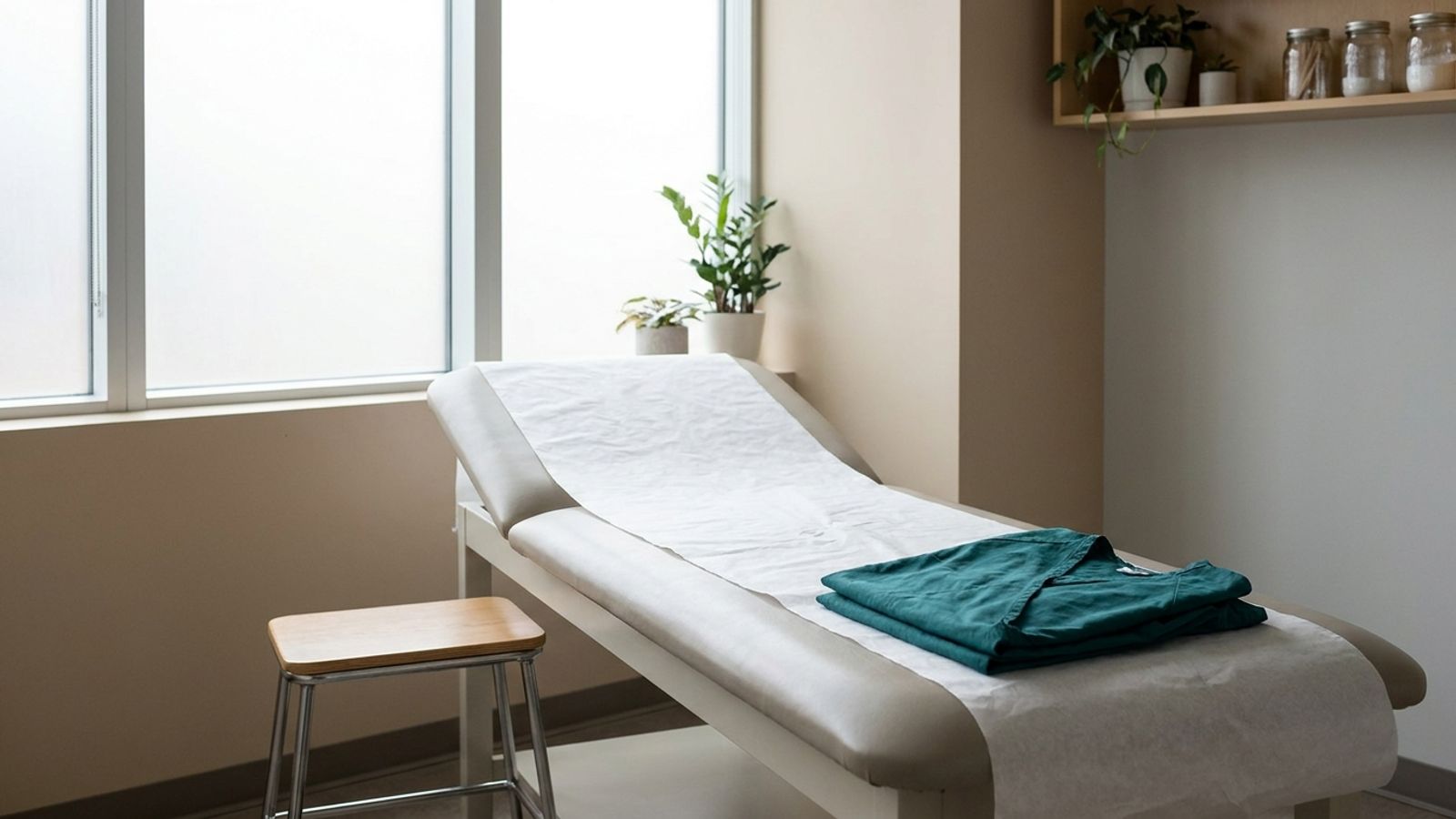 A quiet clinic exam room with a paper-covered table and a folded teal gown