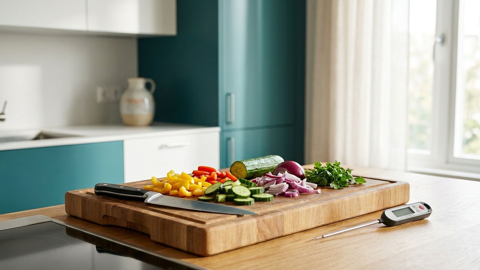 Cutting board of fresh vegetables with a knife and food thermometer