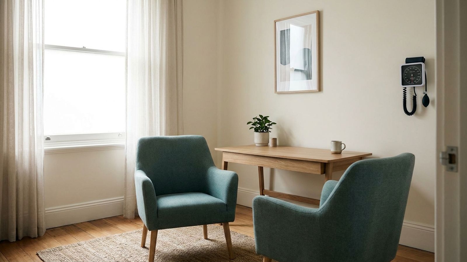 Calm, private consultation room with a desk and two chairs