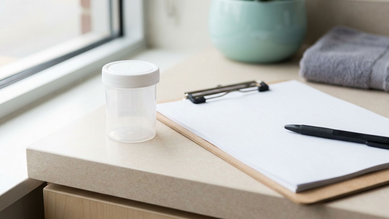 An empty specimen cup and a clipboard with blank paper and a pen on a clinic counter by a window