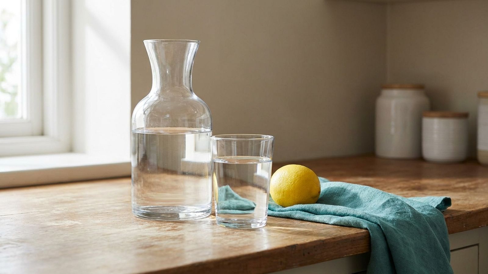 A carafe and glass of water beside a lemon and a teal cloth on a kitchen counter