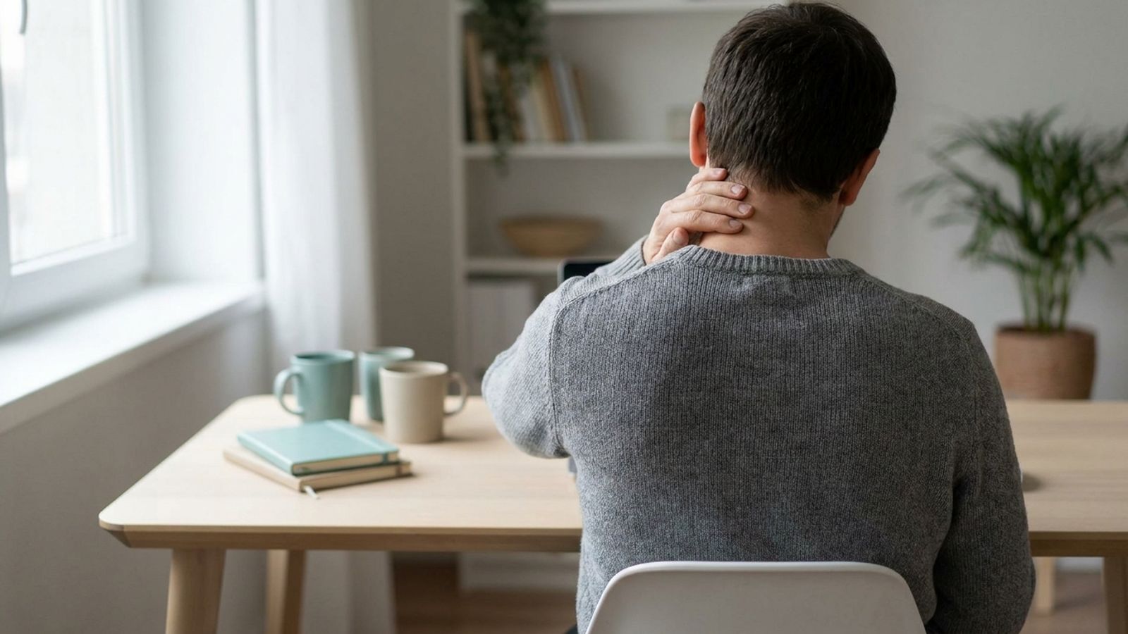 Person at a desk holding the back of their neck and shoulder