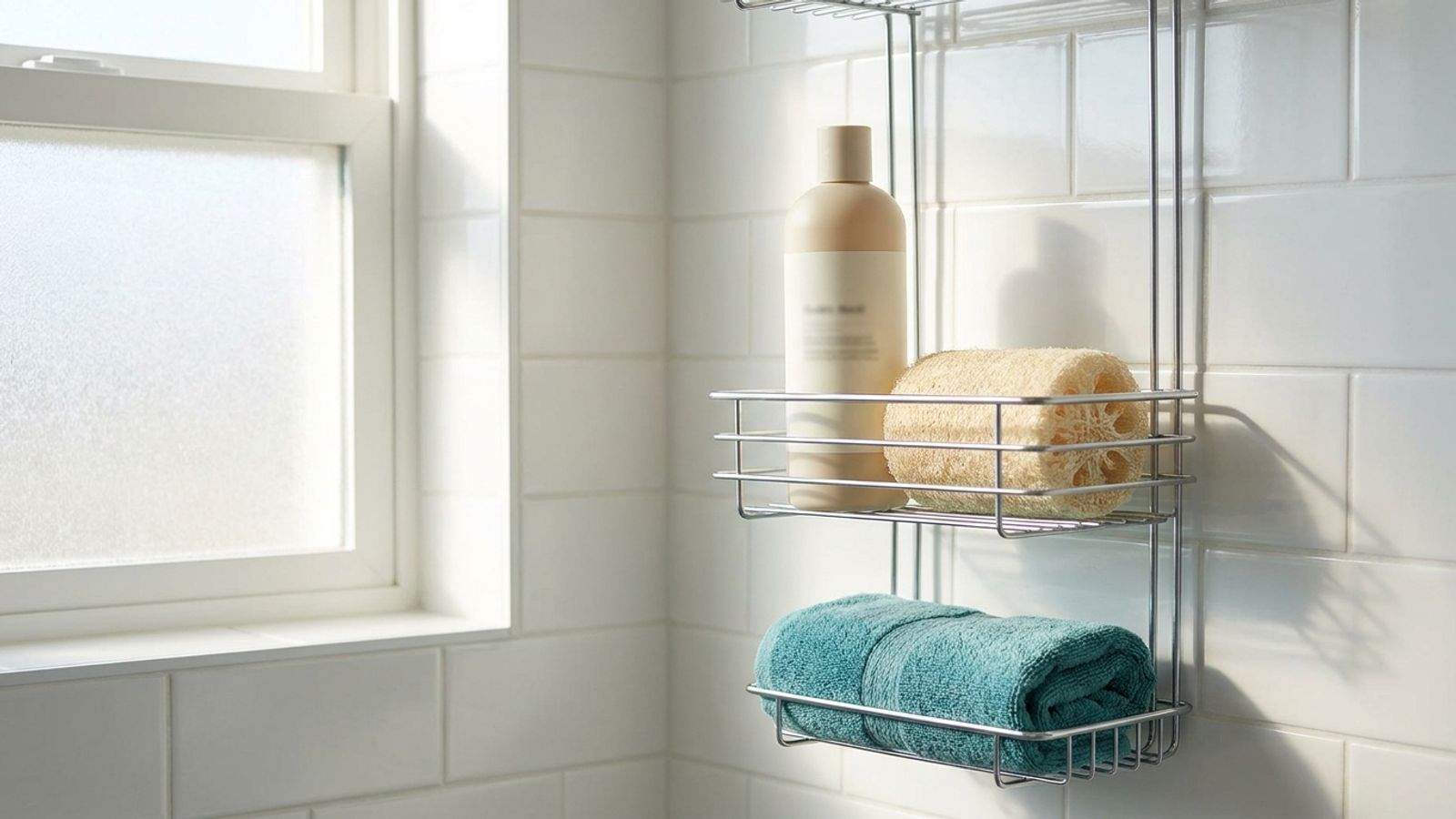 A shower caddy holding a bottle of shampoo, a loofah and a rolled teal towel
