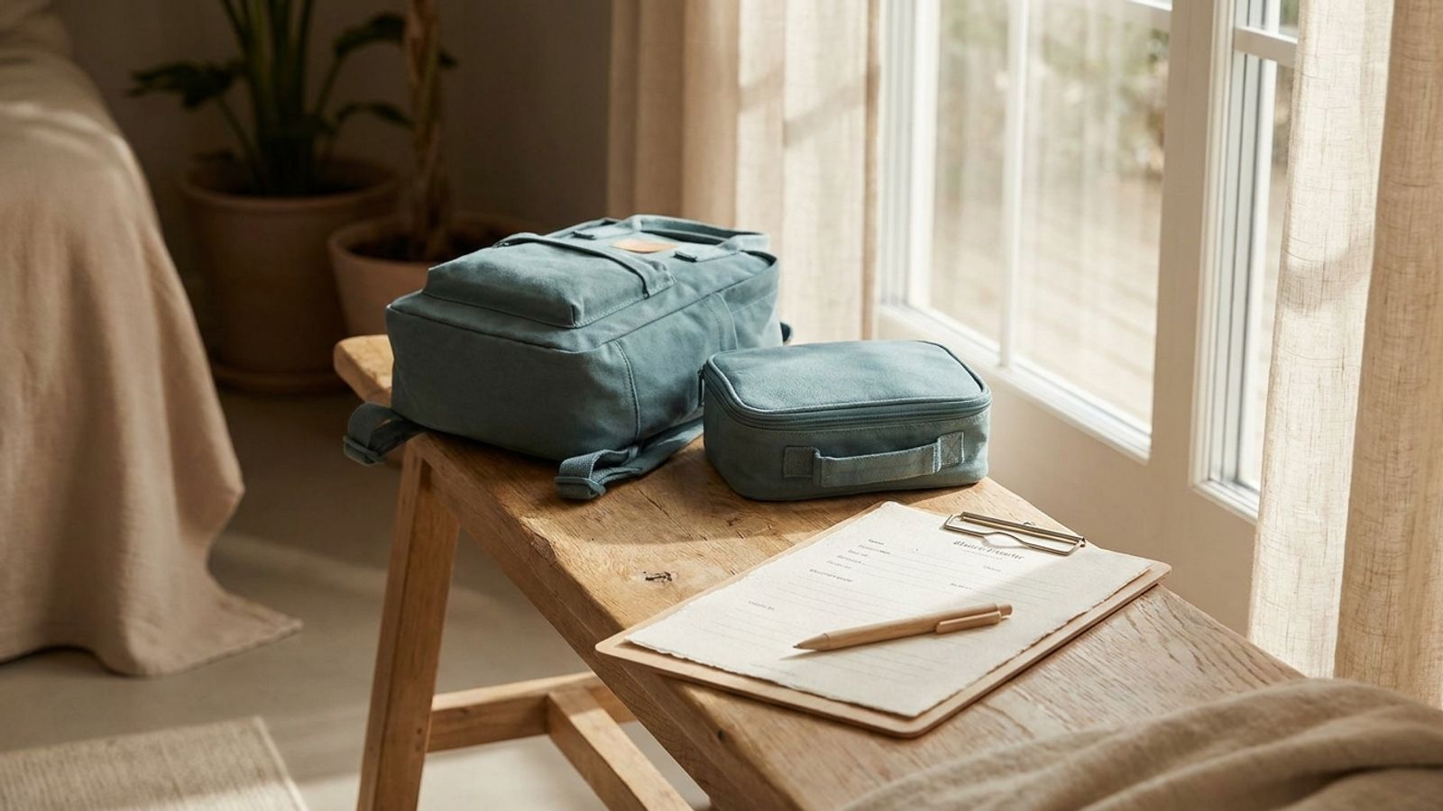 Child's backpack, lunchbox and a clipboard with a form and pen on a wooden bench by a sunny window