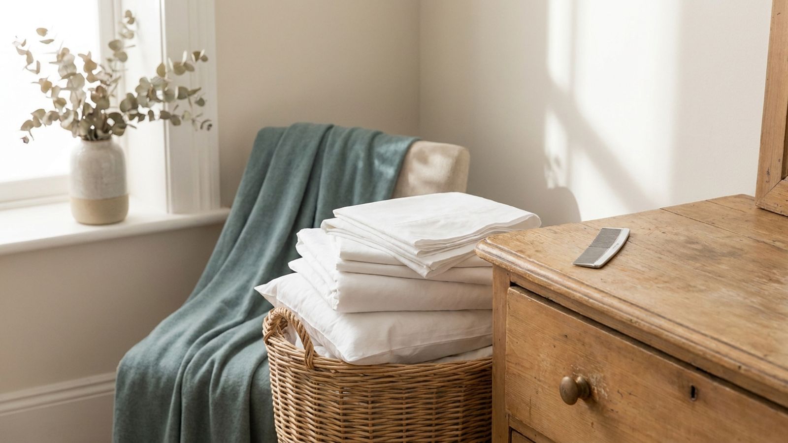 Freshly laundered white sheets in a wicker basket beside a fine-toothed comb on a wooden dresser