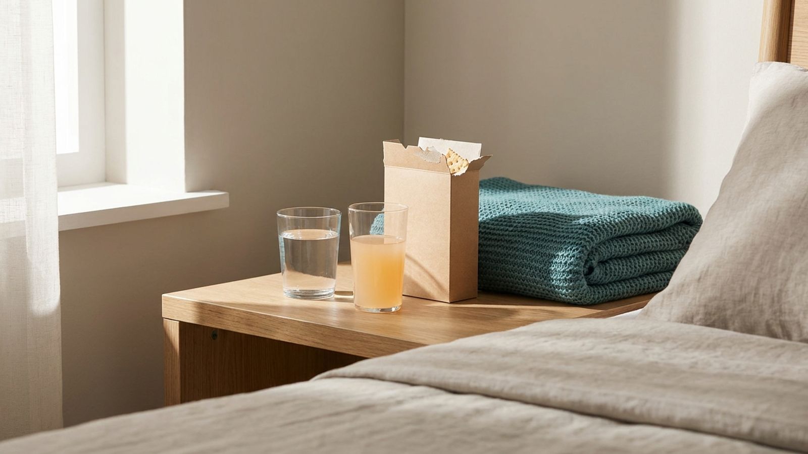 A glass of water, a rehydration drink and a box of crackers on a bedside table beside a folded teal blanket