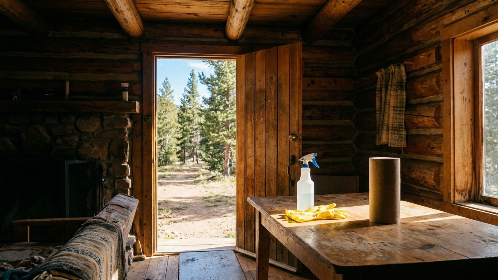 A mountain cabin with its door open for air, and a spray bottle, gloves and paper towels on the table