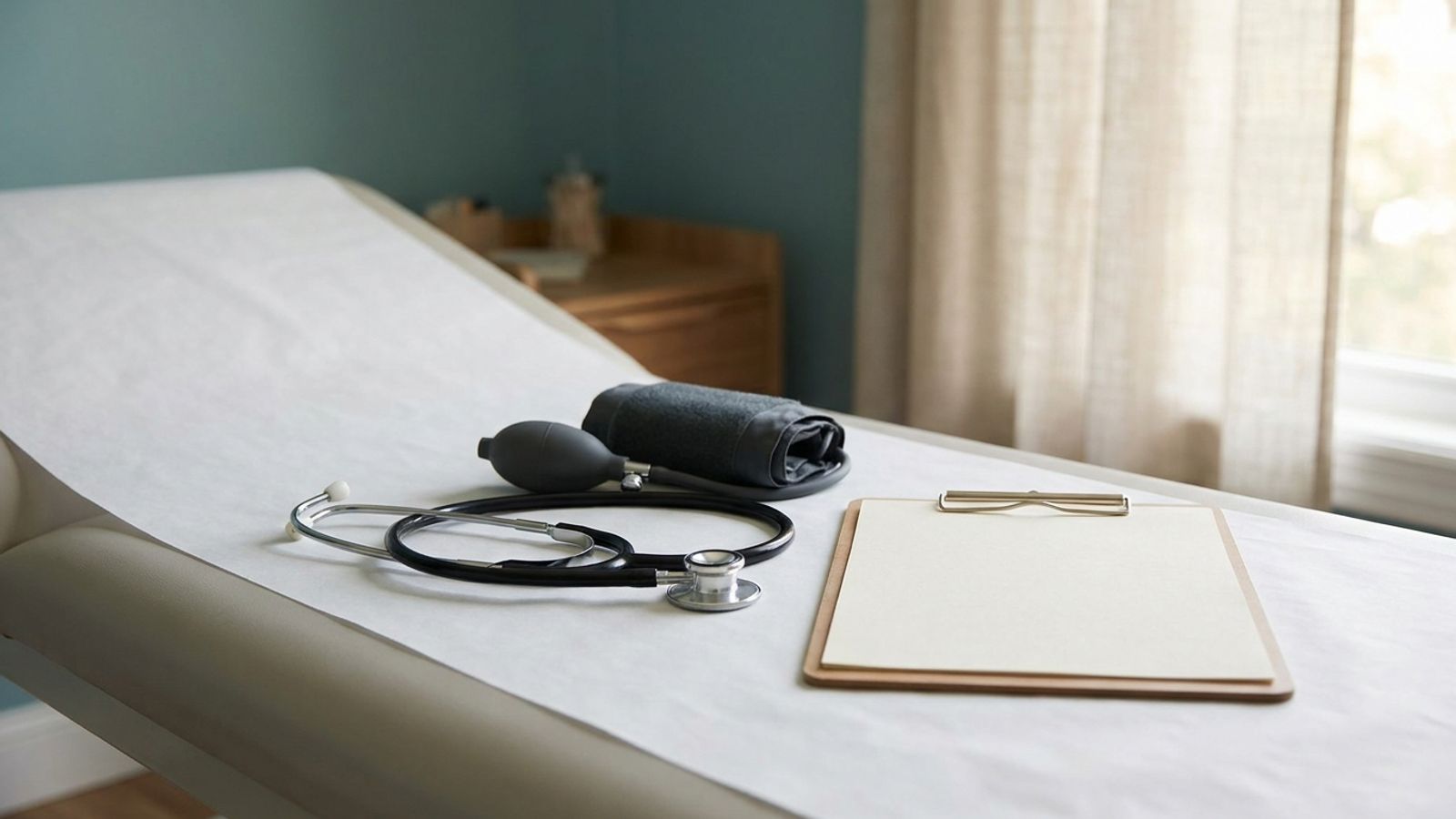 A stethoscope, blood pressure cuff and blank clipboard on a paper-covered exam table in a quiet clinic room