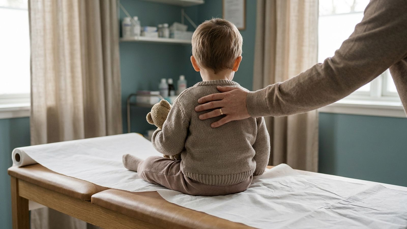 A young child holding a stuffed toy on a clinic exam table, with a parent's hand on their shoulder