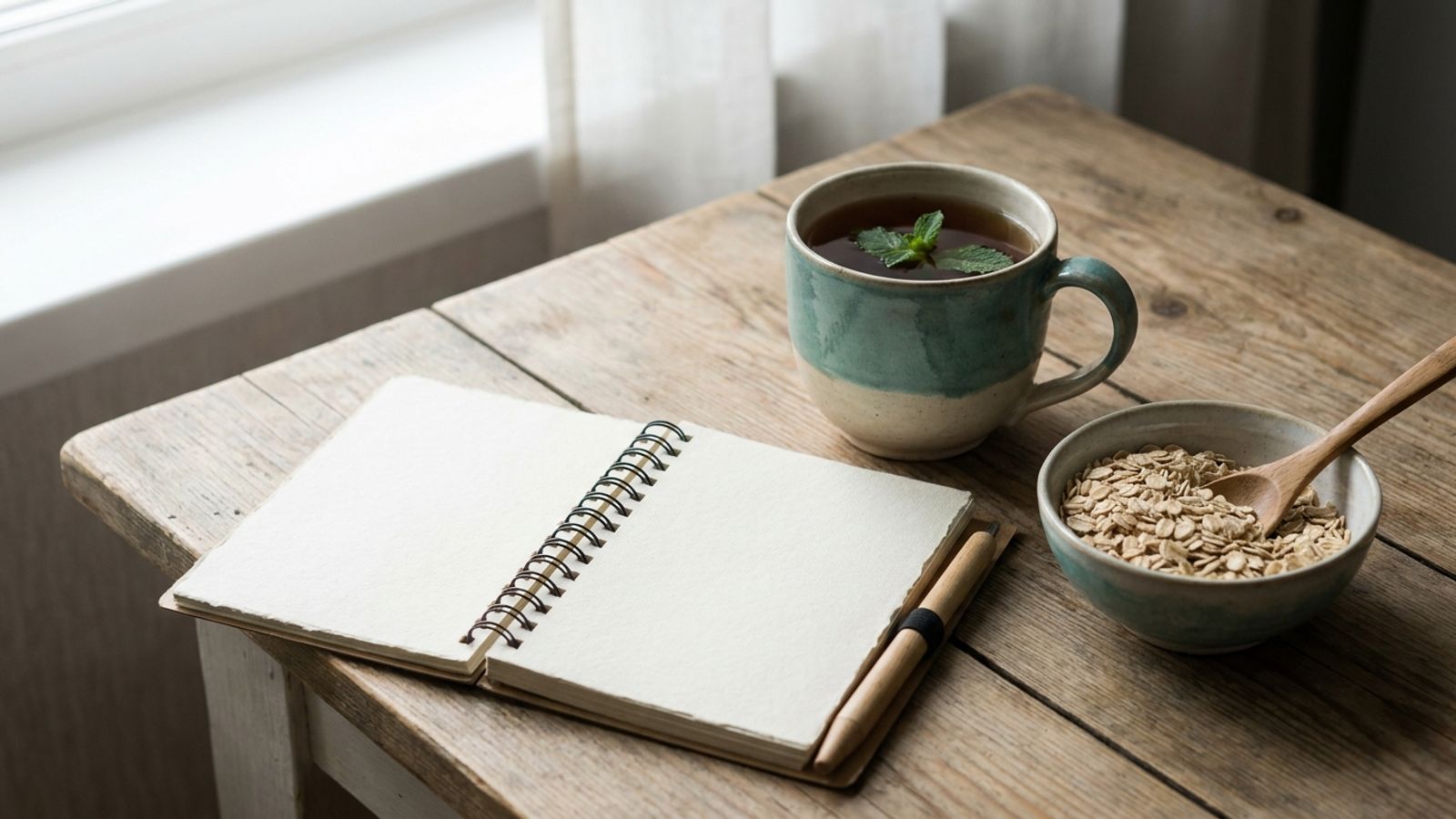 A cup of peppermint tea, an open notebook and a bowl of oats on a wooden table