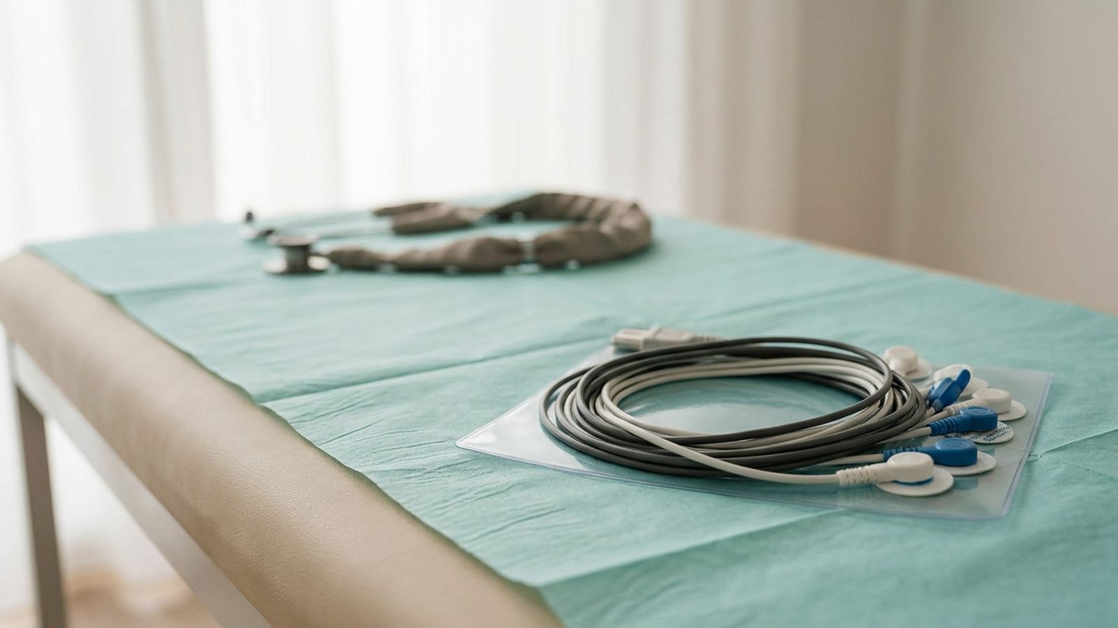 Coiled EKG lead wires and electrode pads on a clinic exam table with a stethoscope in the background