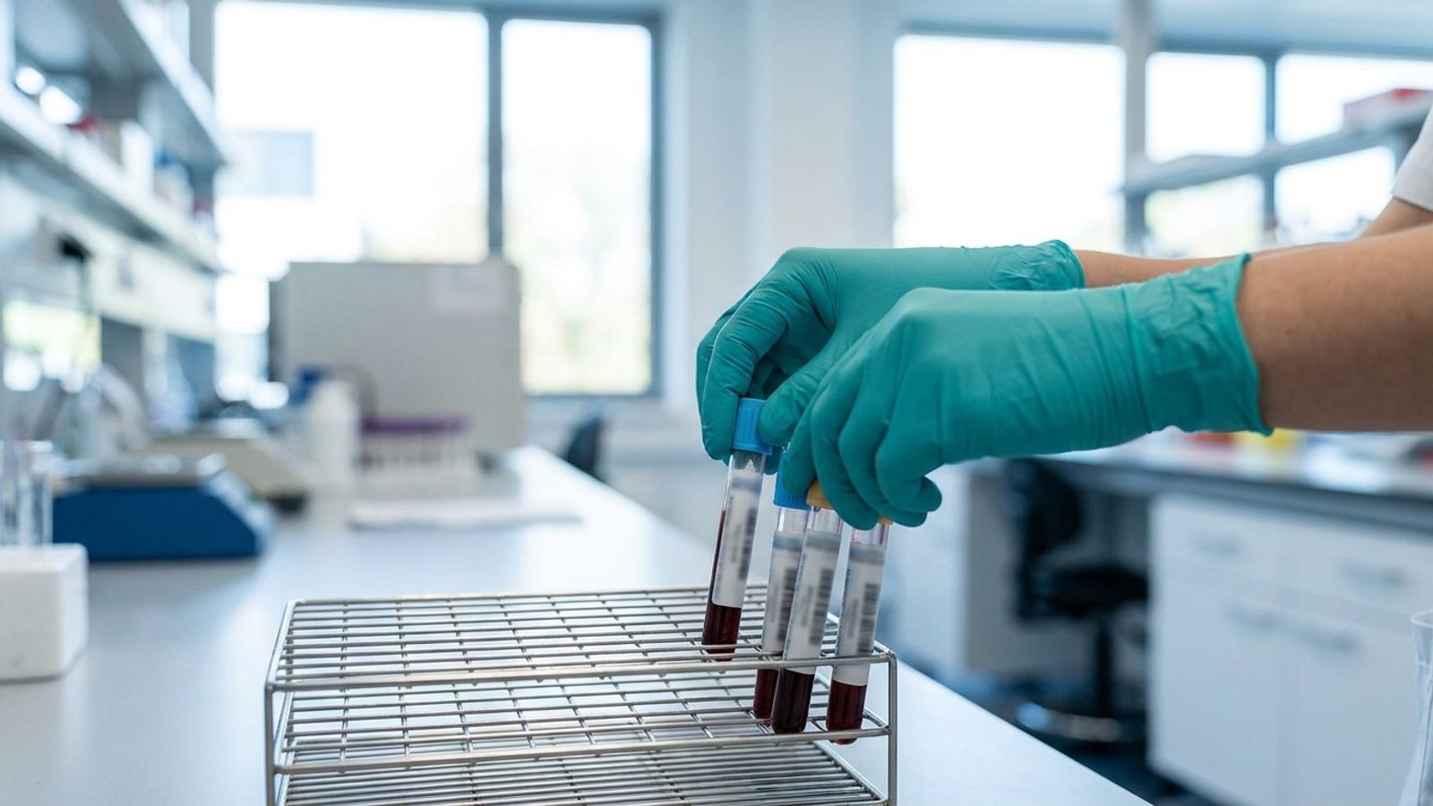 Gloved hands placing blood sample tubes into a rack in a lab