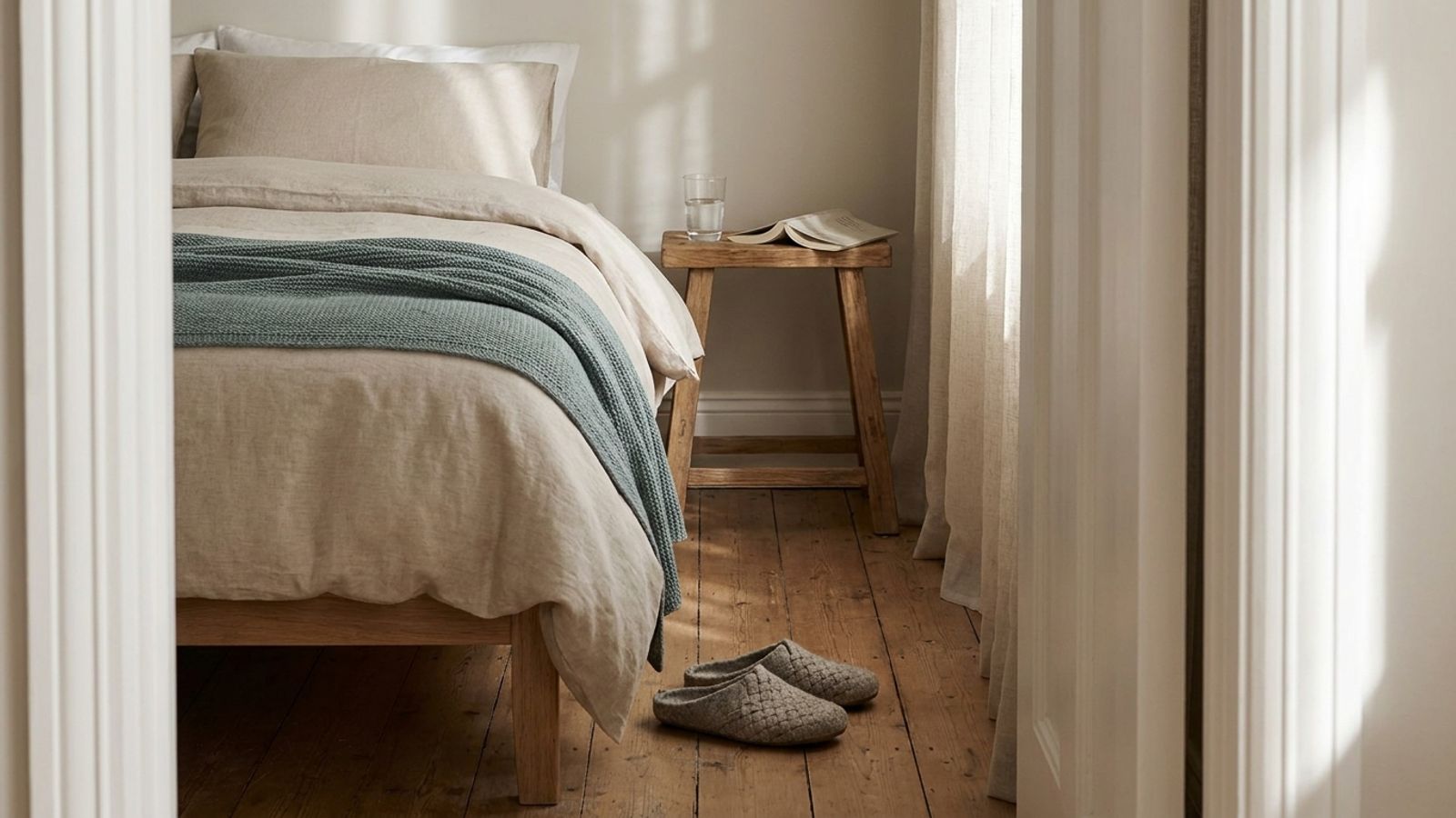 A made bed with a teal throw, slippers on the floor and a glass of water on the bedside stool