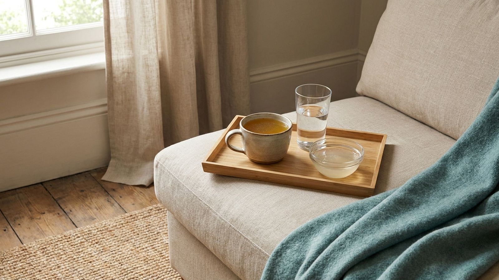 A tray with a mug of broth, a glass of water and a small bowl on a sofa with a teal blanket