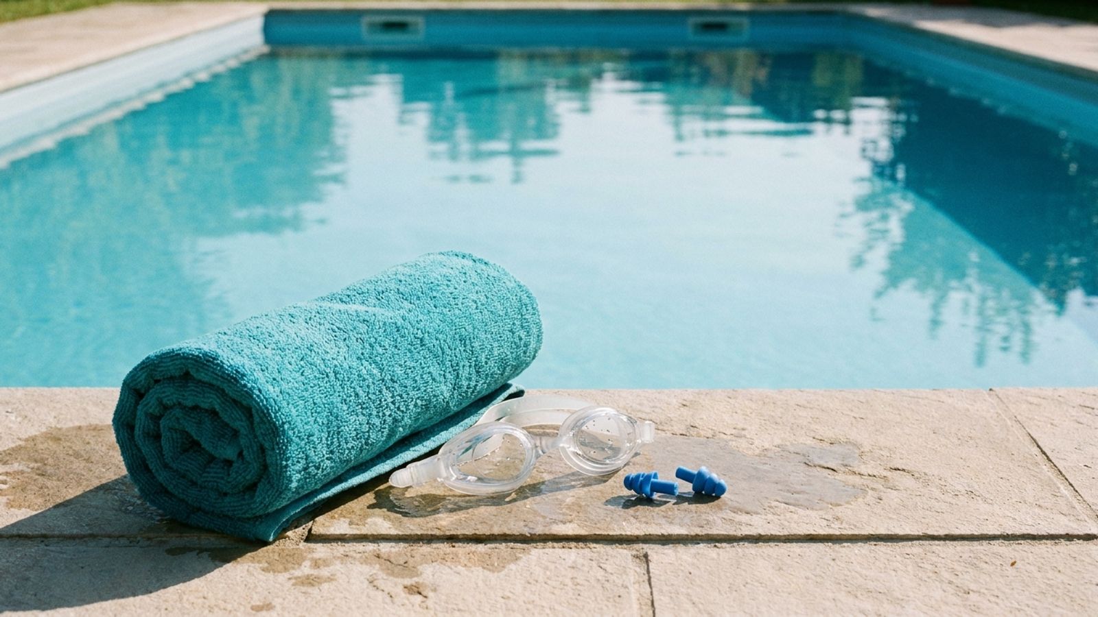 A rolled teal towel, swim goggles and earplugs on the edge of an outdoor pool