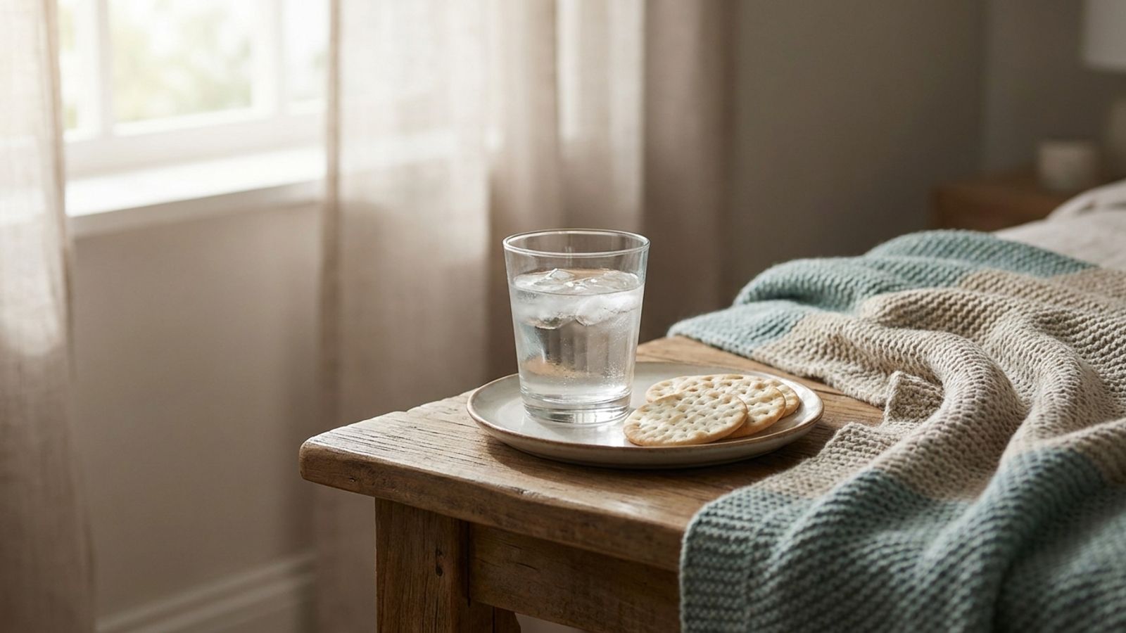 A glass of ice water and a plate of plain crackers on a bedside table beside a knitted blanket