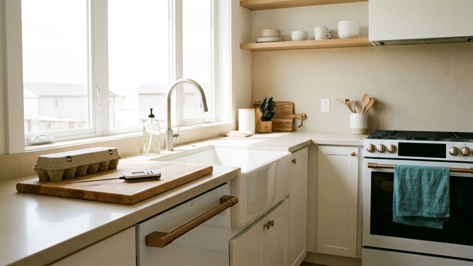 A clean kitchen counter with a carton of eggs, a cutting board and a meat thermometer by the sink