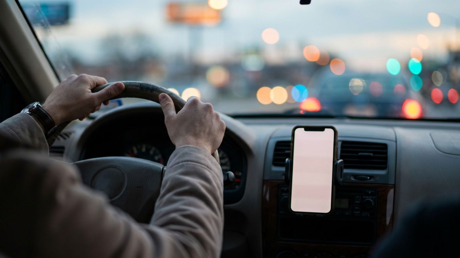 Driver's hands on the steering wheel with a phone in a dashboard mount and city lights blurred at dusk