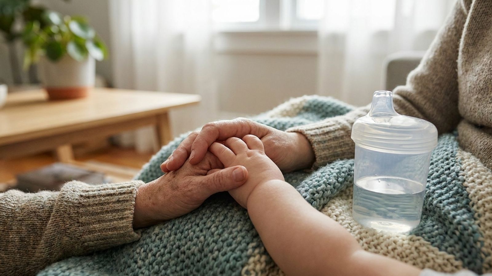 An adult holding a small child's hand on a knitted blanket beside a sippy cup of water