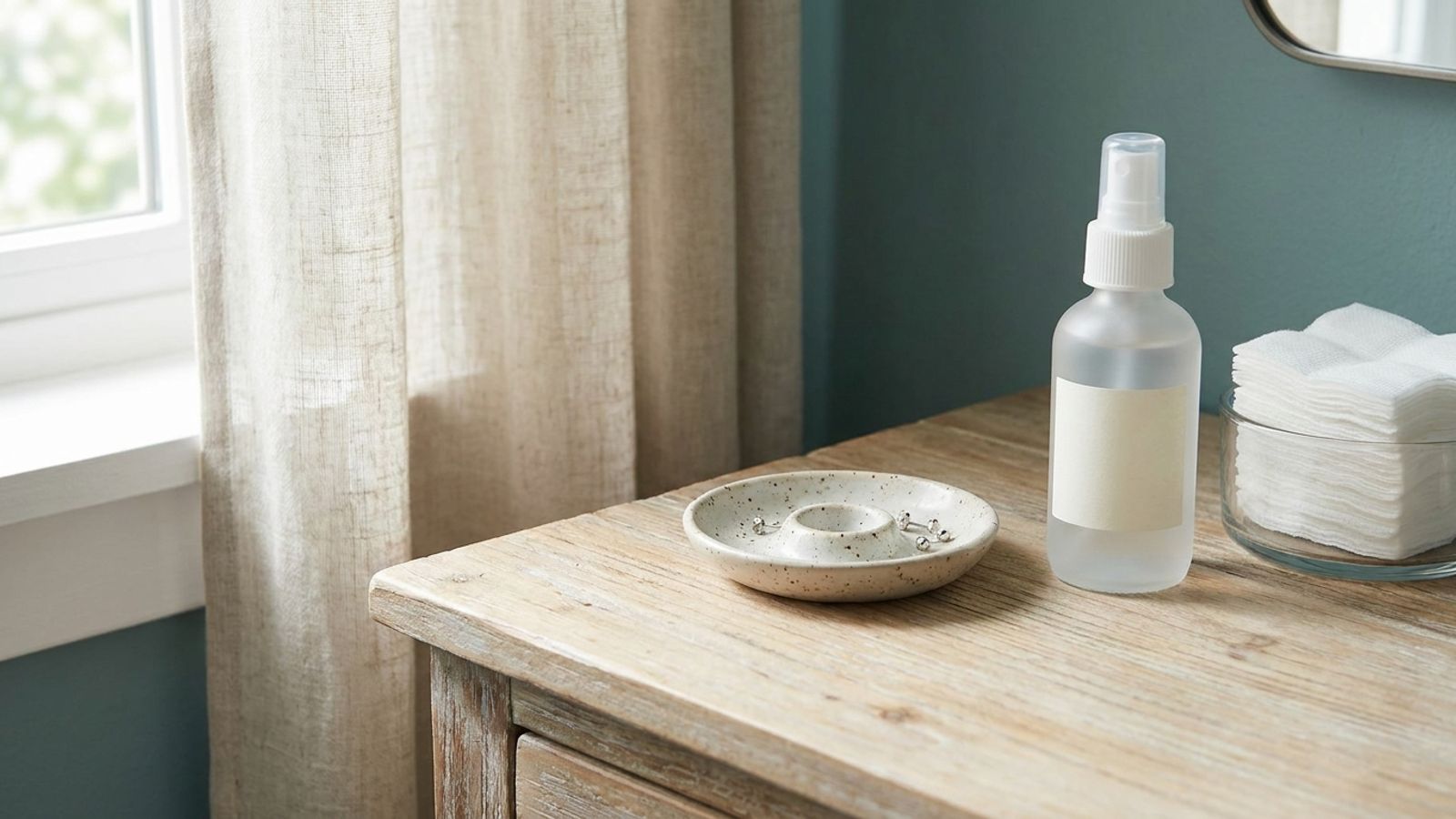 A dish of stud earrings, a saline spray and cotton pads on a wooden vanity