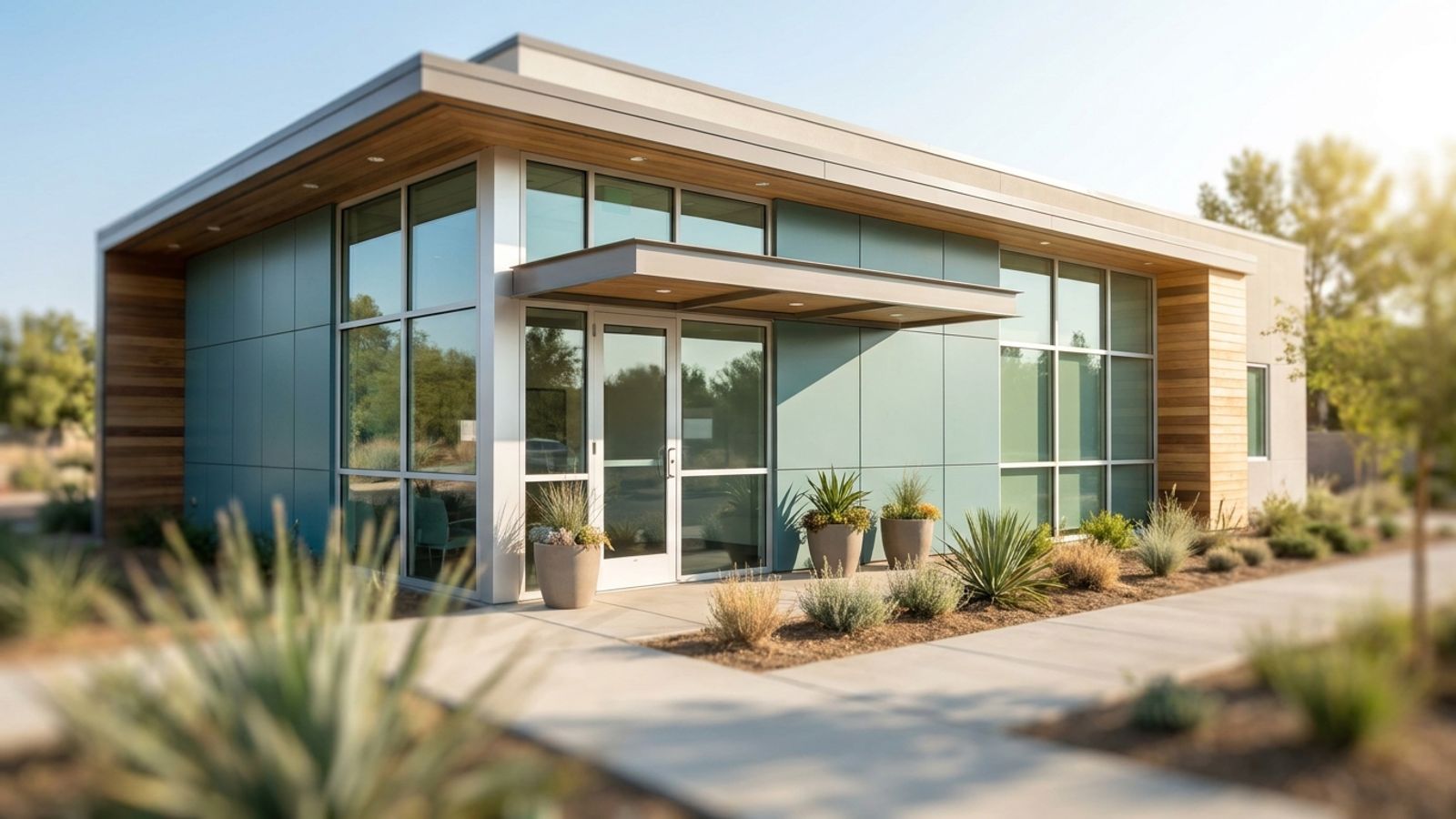 Exterior of a modern urgent care clinic with a glass entrance