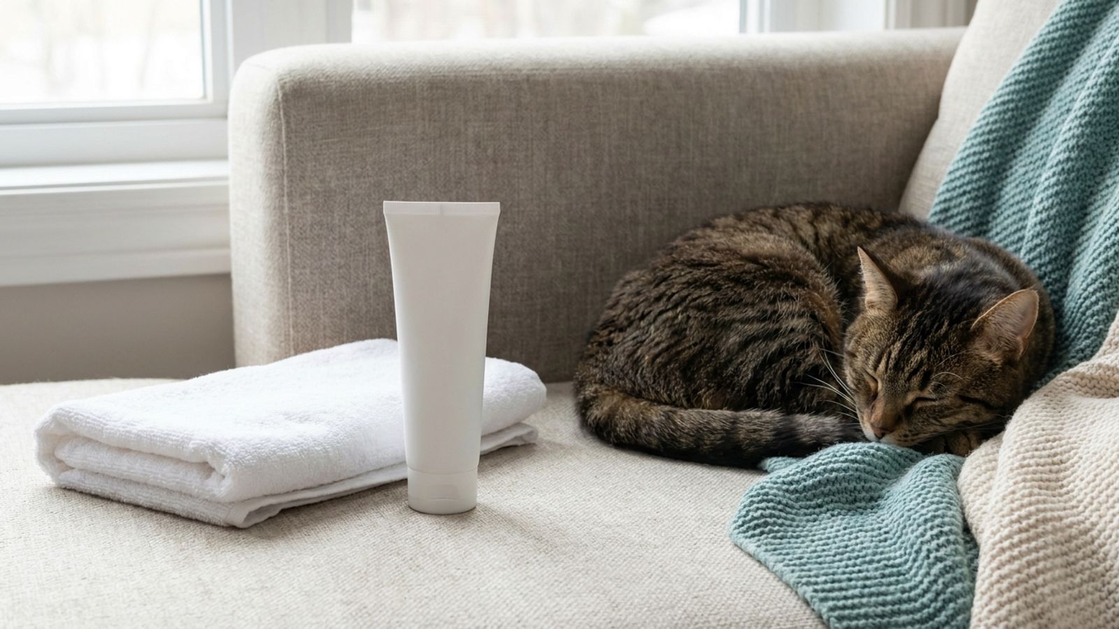 A tube of cream and a folded white towel on a sofa beside a sleeping tabby cat